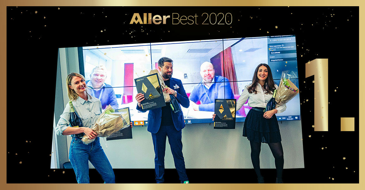 From left. Henriette Skådinn, advisor and creative project manager for the campaign at Mindshare, Christian Næss Gundersen, Account Director at Mindshare, Jasmina Lie, Strategic Account Manager at Aller, and the Norwegian Directorate of Health on the big screen in the background f.v.Ove Jørgensen, Senior Advisor and Jakob Linhave, Department Director Environment and Health.