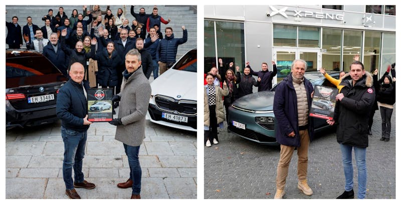 To the left: Jury chairman Fred Magne Skillebæk of Elbil24 presents BMW, represented here by communications director Marius Tegneby, with the diploma for Car of the Year 2024. Photo: Lars Eivind Bones. To the right: Key account manager Glenn Hagbru in Aller Media (left in front) - presents the certificate of victory in "People's Favorite 2024" to Claes Persson, Managing Director of Xpeng Motors Norway. Photo: Fred Magne Skillebæk